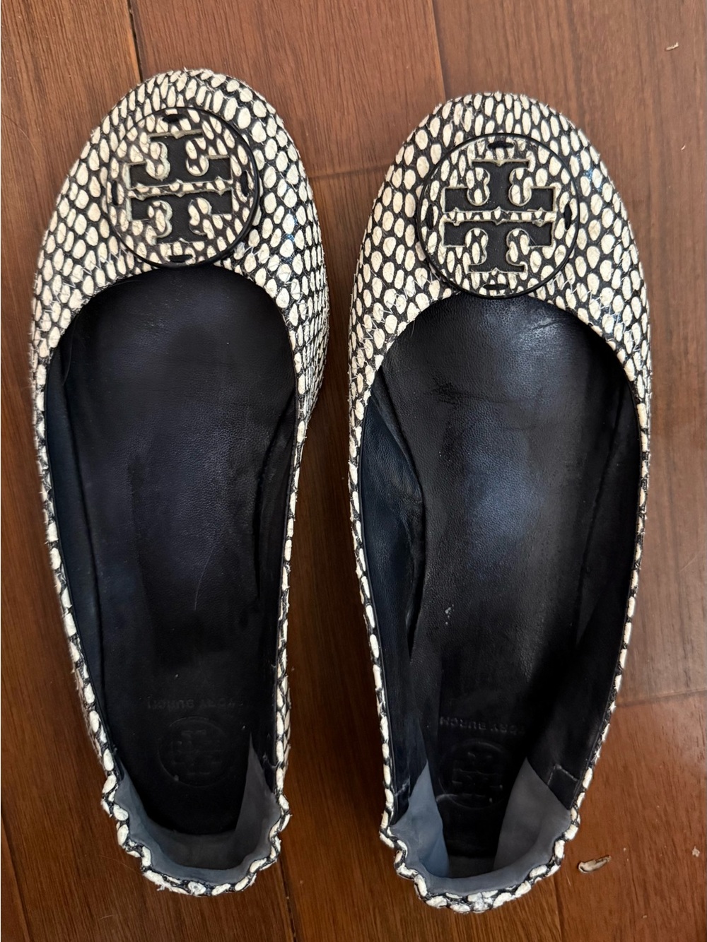 Tory Burch Black and White Snake-Print Reva Flats with Logo Medallion